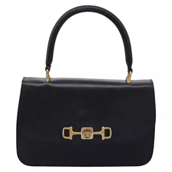 CELINE Hand Bag Leather Black Gold Auth